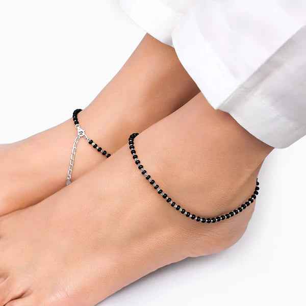 Black Beads Silver Anklet for Women