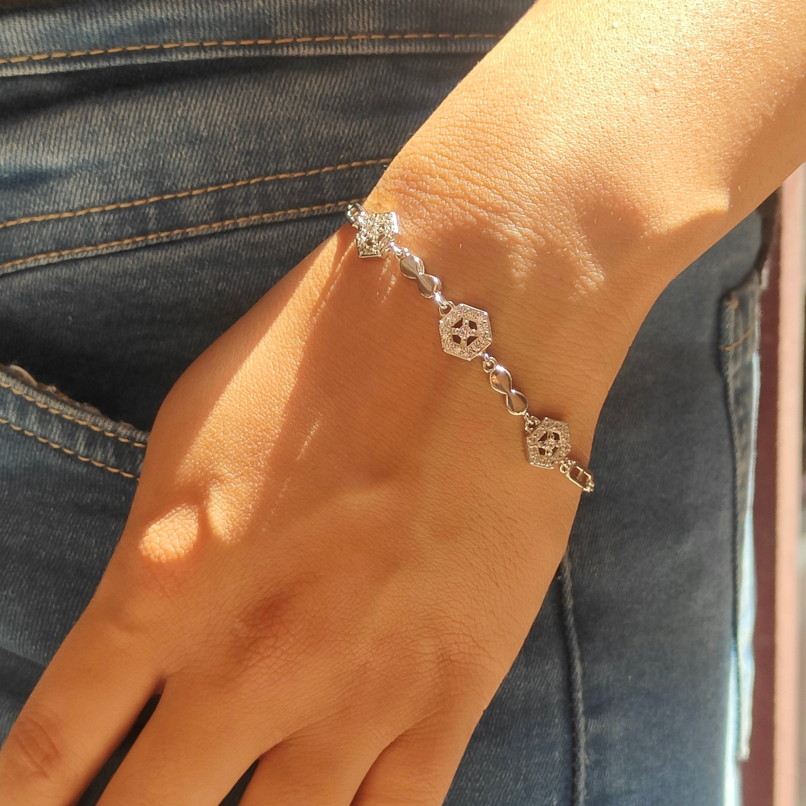 Hexagon Bracelet With engraved Diamonds Made in Sterling Silver