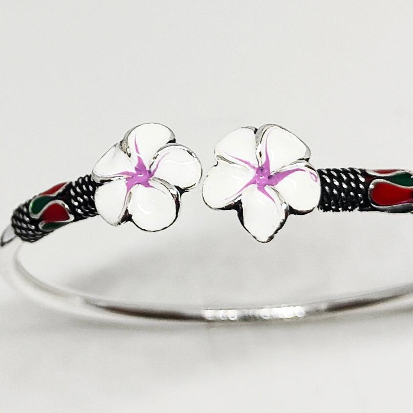 Enamel Pink and white flowers Silver Bracelet