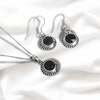 Black Stone Sunflower Sterling Silver Pendant Set with Chain for Women