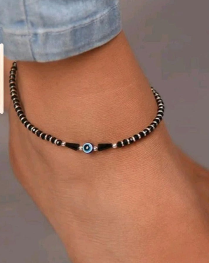 Evil Eye Black Beads Silver Anklet for Women