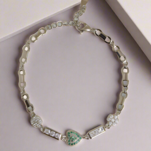 Green Heart Silver Bracelet for Her