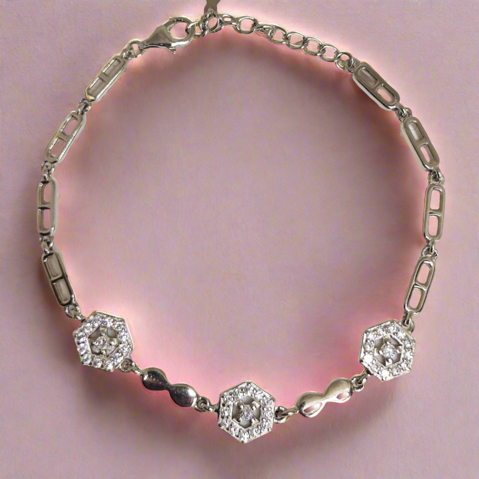 Hexagon Bracelet With engraved Diamonds Made in Sterling Silver