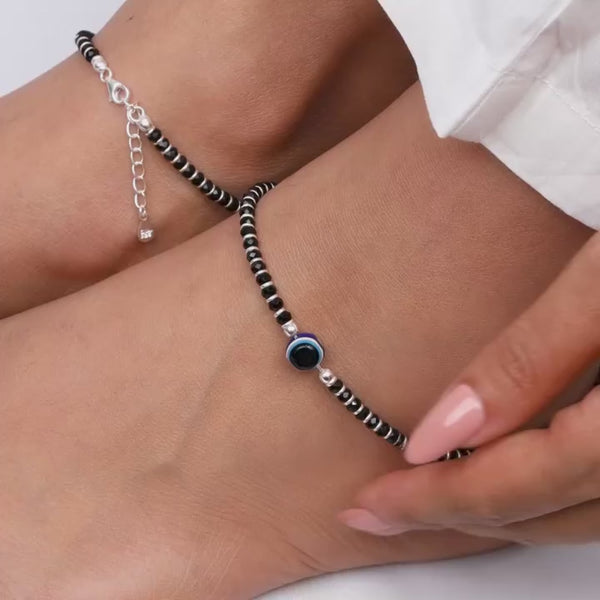 Evil Eye Soul Black Beads Silver Anklet for Women