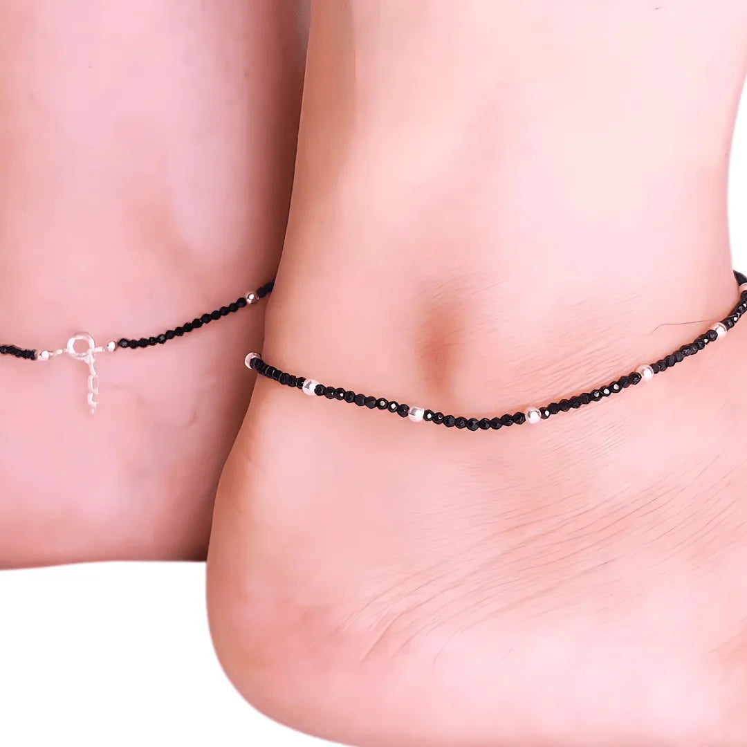 Small Black Beads Pearl Silver Anklet for Women