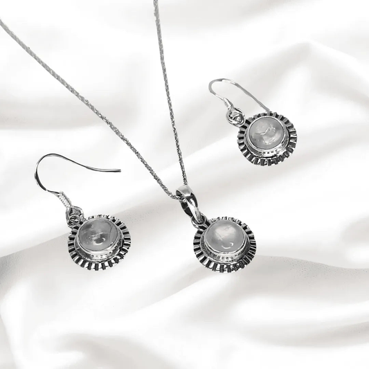 White Stone Sunflower Sterling Silver Pendant Set with Chain for Women